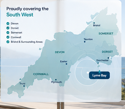 South West England coverage map showing Lyme Bay, Dorset, Devon, Somerset and Cornwall