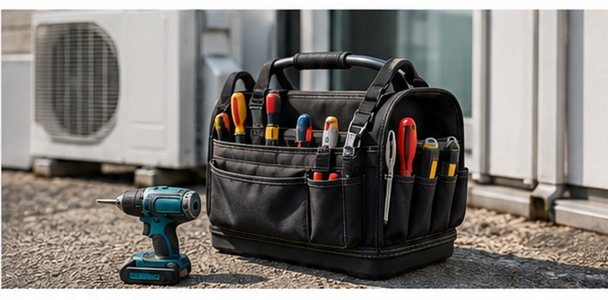Tool bag and cordless combi drill beside an outdoor air conditioning unit