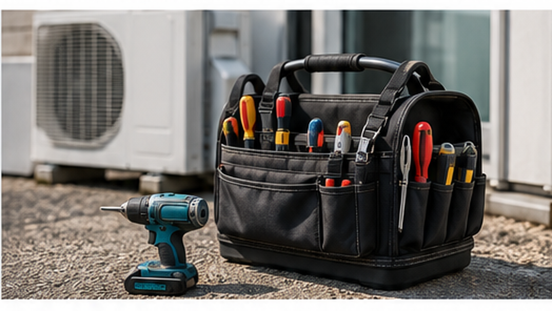 Tool bag and cordless combi drill beside an outdoor air conditioning unit
